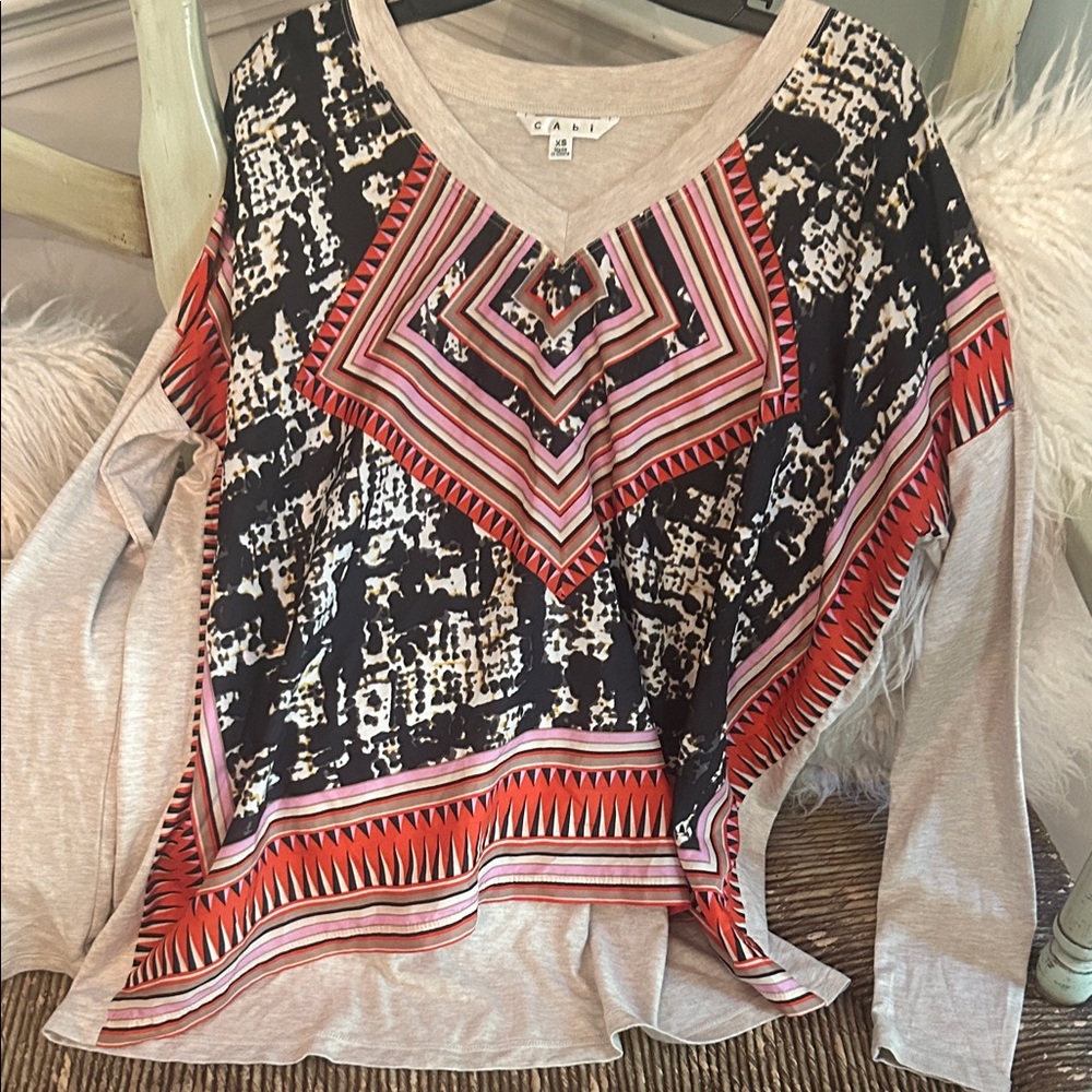 Cabi Black and Red Geometric Long Sleeve Top
